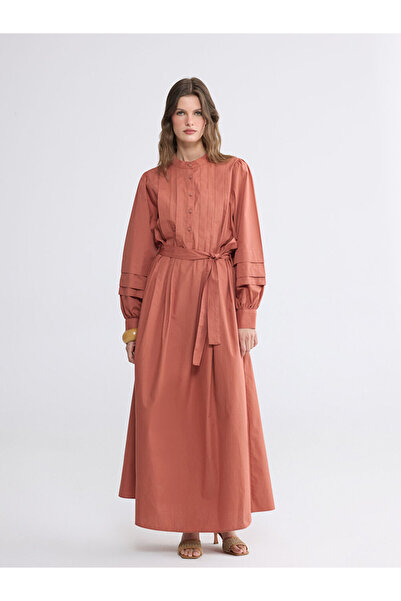 LC Waikiki Lcw Everyday Brown High Collar Belted Poplin Dress