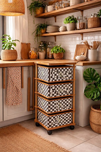 sonnenflügel 4 Katlı Tekerlekli Çok Amaçlı Ahşap Sebzelik Sepeti Kare Dama De...