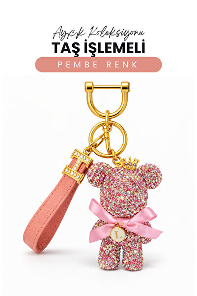 Baghes Pembe Taşlı Ayıcık Desenli Kayışlı Anahtarlık Çanta Uyumlu Lüks Tasarım