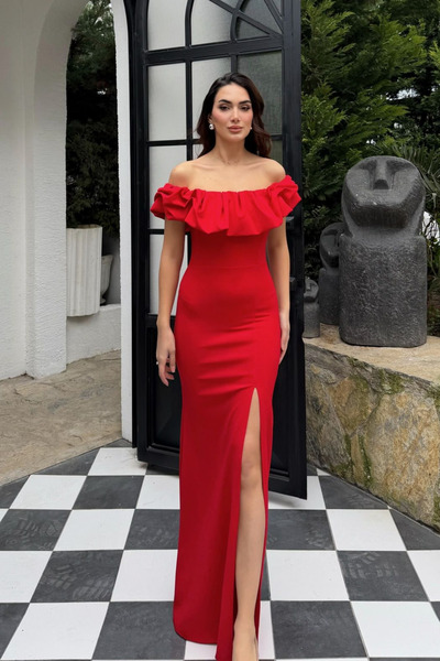 Sindimoda Βραδινό φόρεμα με βολάν στο γιακά