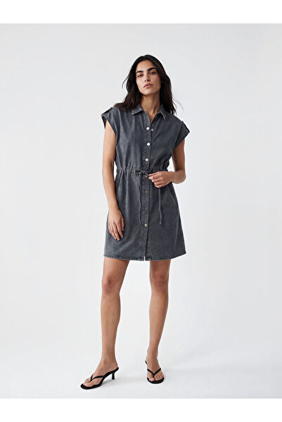 LC Waikiki Anthracite Shirt Collar Mini Jean Dress