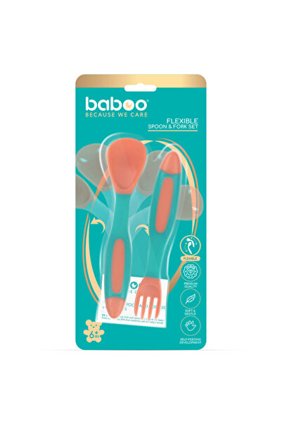 Baboo Flexible Spoon and Fork Set - Orange Green, 6 months+