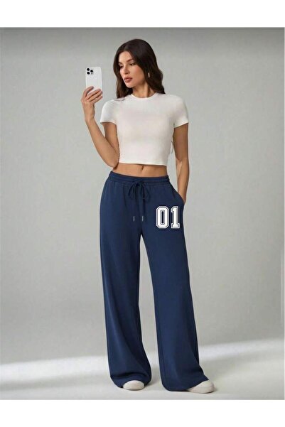 Le Vion Oversized Wide Leg Relaxed Fit Women's Sweatpants with Print Detail