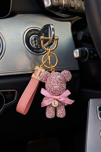Baghes Pembe Taşlı Ayıcık Desenli Kayışlı Anahtarlık Çanta Uyumlu Lüks Tasarım