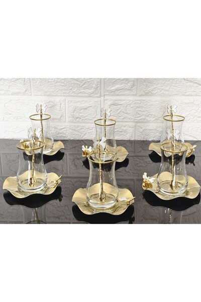 atabey home طقم شاي ذهبي من EVA مكون من 18 قطعة مع ملعقة شاي بيضاء مصبوبة على...