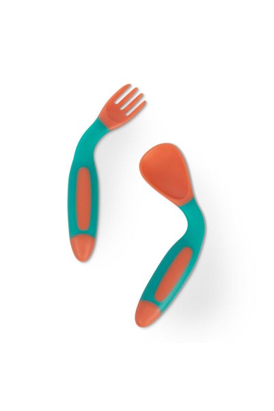 Baboo Set lingură și furculiță flexibile - Portocaliu Verde, 6 luni+
