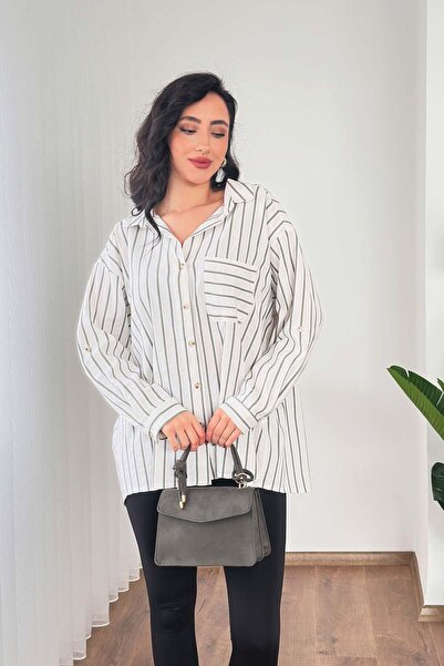 Hipo Trend Cămașă cu o singură buzunară, croială lejeră, din in, kaki, cu dungi