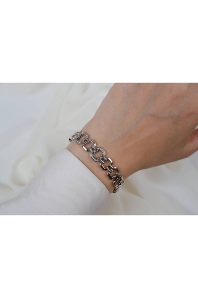 ATELİER TUĞBA Blk295 Square Ring Link Chain Bracelet Silver (17 cm + 2 cm Ext...