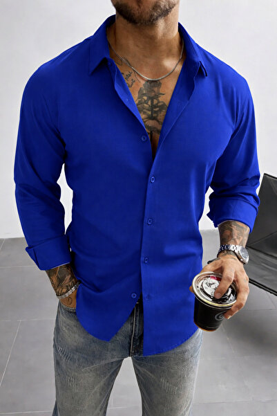 Tarz Cool Linen Look Half Oversize Long Sleeve Men's Shirt