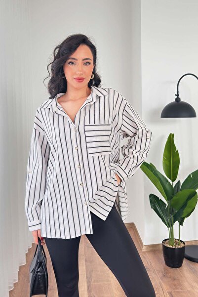 Hipo Trend Cămașă cu o singură buzunară, croială lejeră, din in, cu dungi negre