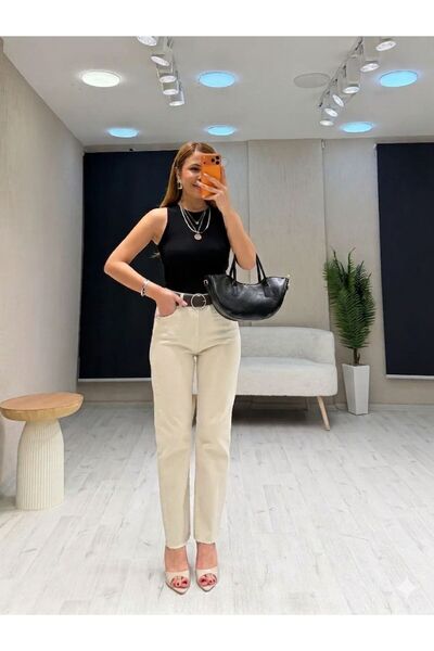 Bluezoni D98 Blugi de damă cu talie înaltă, bej crem, cu tăietură la picior, ...