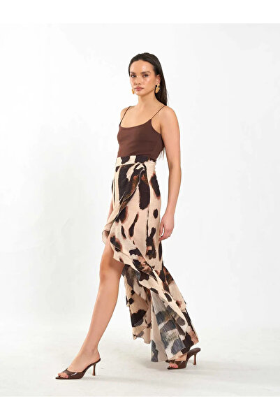 BIGNUANCE Beige Coffee Patterned High Waist Asymmetrical Cut Flounce Midi Ski...