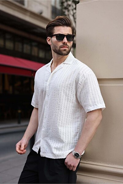 Madmext White Seersucker Fabric Men's Shirt E6772