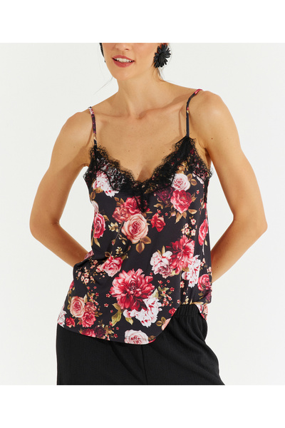 NEW JOURNAL Μαύρη δαντελένια μπλούζα με τιράντες και λουλούδια APP1227