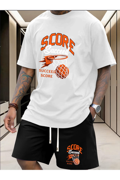 MİDAD Score Printed Cotton Fabric Men's White T-Shirt-Black Shorts Set