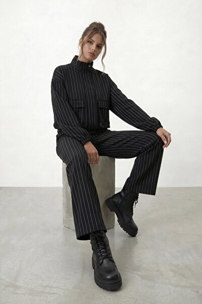 VAGGON High Collar Striped Pocketed Jacket and Wide-Legged Pants Set