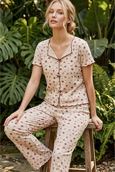 Siyah İnci Nude-Colored Floral Patterned Bowknot Ribbed Camisole Knitted Paja...