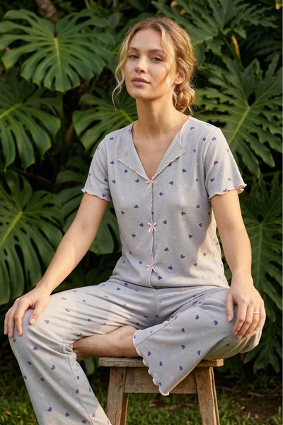 Siyah İnci siva pidžama sa rebrastim topićem i mašnom, sa uzorkom srca 26120553