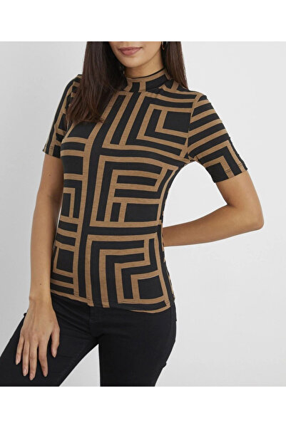 NEW JOURNAL بلوزة نصفية منقوشة باللون الأسود والجملي للنساء APP1089-10