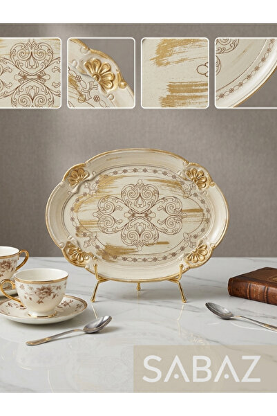 SABAZ 2 Adet Gül Ağacı Tepsi Seti - İşlemeli Sunum Tepsisi - Altın Detaylı Se...