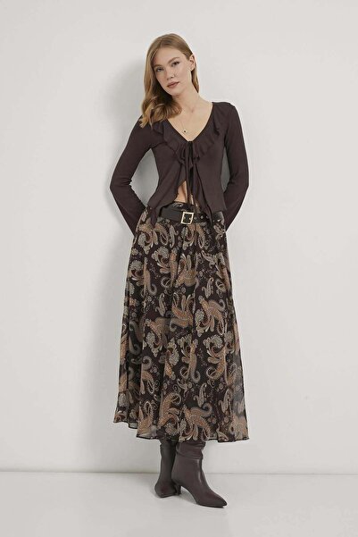 Shopping Shop تنورة شيفون واسعة بحزام بلون الخردل