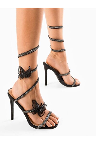 Diva Exclusive Fashion Sandale damă negre cu barete strălucitoare, fluturi di...