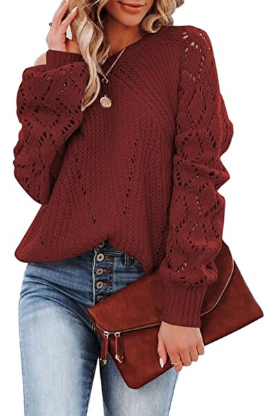 Dokotoo Loose long-sleeved blouse with perforated details, burgundy L