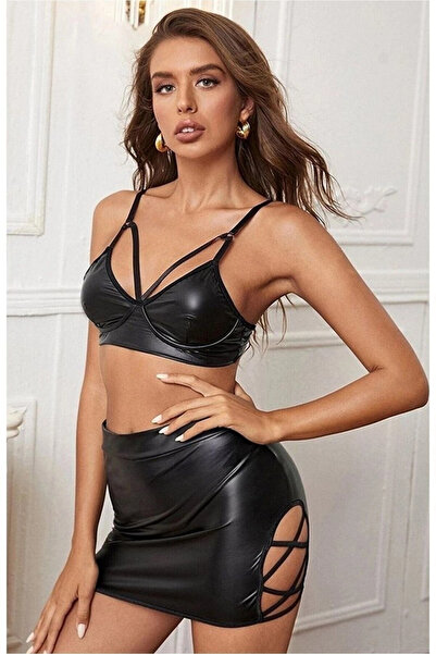 Berselya Underwear&Accessories Kadın Biye Detaylı Deri Etek Sütyen İkili Kostüm Takım