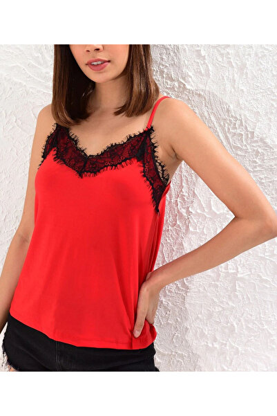 NEW JOURNAL Γυναικεία Κόκκινη Δαντελένια Μπλούζα Αθλητική APP15008