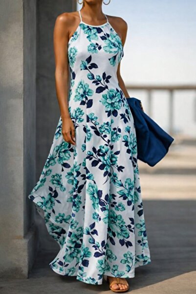 JANES Women's Patterned Long Single Jersey Dress with Open Shoulder Straps