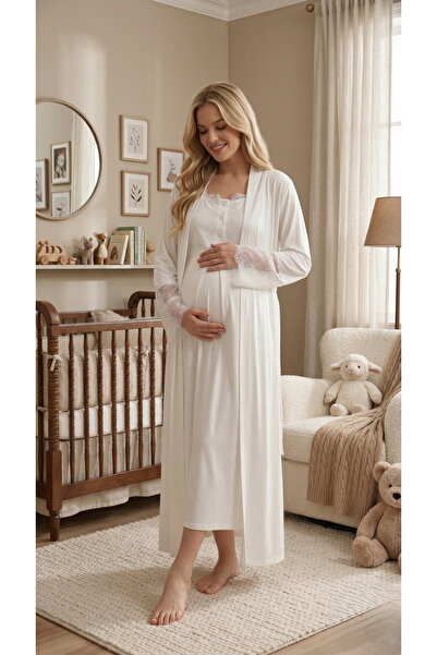 Pelin Women's Ecru Lace Maternity Nightgown Dressing Gown Set