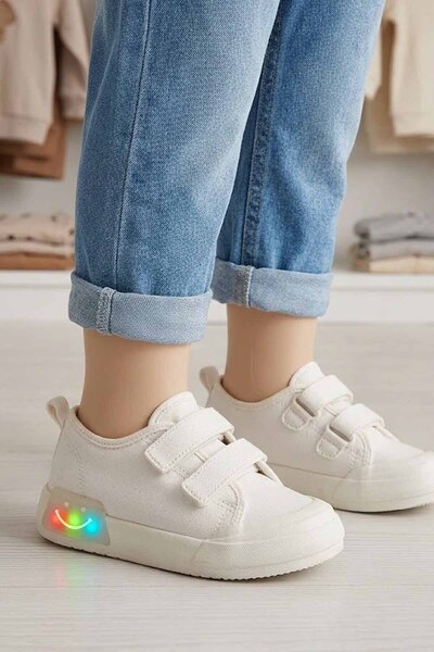 Vicco Lighted Boys' and Girls' White Sneakers with Velcro, Comfortable Sole C...