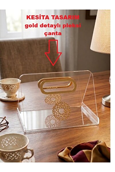 kesita TASARIM Gold Detaylı Pleksi Çanta (20*24 cm) Organizer Söz İsteme Nişa...