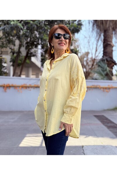DenizEge Ιταλικό πουκάμισο με κεντημένα μανίκια ρεγκλάν σε κίτρινο χρώμα