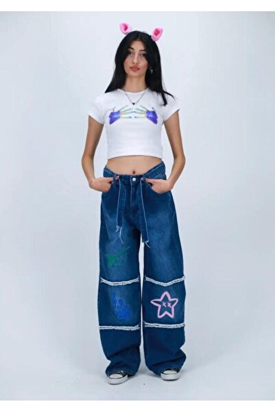 yesmoda Artistic Vibes Embroidered Blue Baggy Jeans