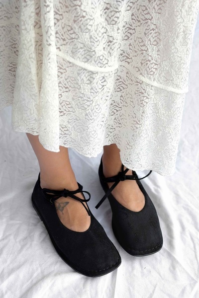 Shoebutik Solid Black Suede Lace-Up Wide Cut Women's Ballerinas