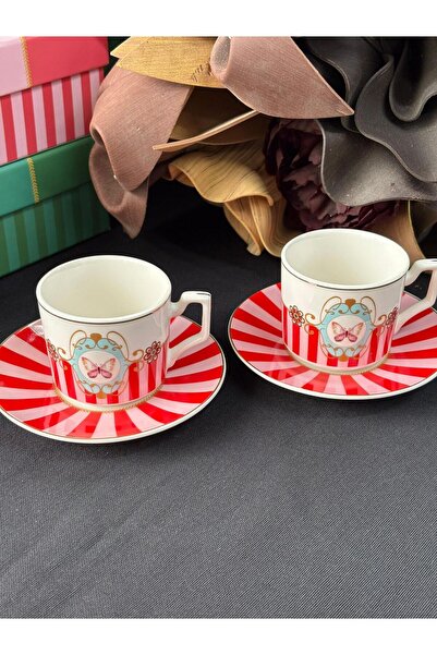 MD MİMOZA DEKOR Turkish Coffee Cup Love Bird Red for 2 People