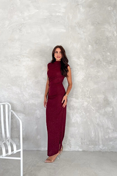 Eka Rochie de damă bordeaux cu fermoar și șliț, cu sclipici, 3648