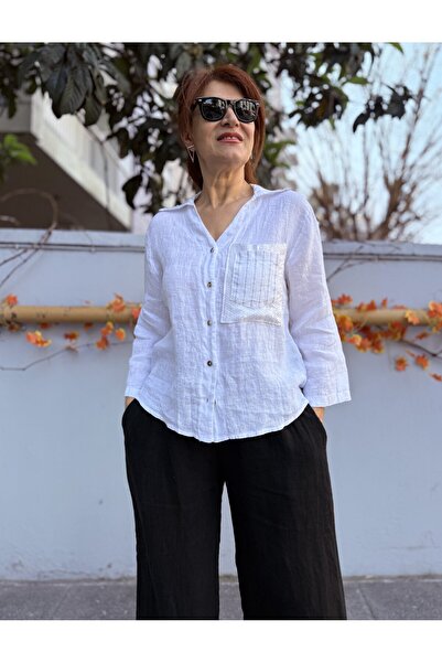 DenizEge Italian Lace Back Linen Shirt White