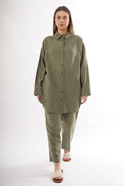 Ceremony Snap-Front Aller Detail Linen Fabric Trouser Suit 906 Khaki