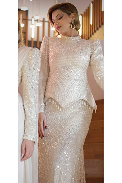 miraç giyim Bej boncuklu abiye