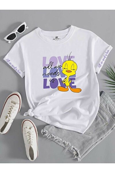EFFRENATU Kadin Yazı Baskılı T-Shirt – Yuvarlak Yaka, Kısa Kollu, Günlük