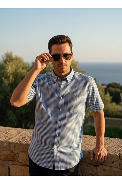 SÜVARİ Φαρδιά εφαρμογή, κοντομάνικο μπλε πουκάμισο με σχέδια και τσέπες