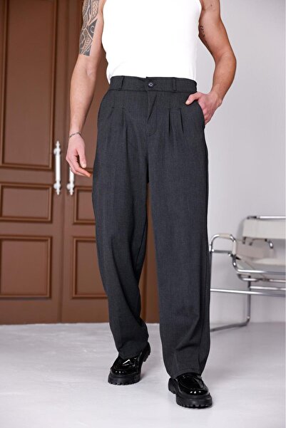 Ser Joven Ανδρικό παντελόνι από ύφασμα με πιέτες σε ανθρακί χρώμα, άνετη εφαρ...