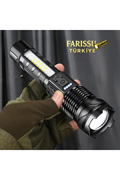 farissu Şarjlı Taktik LED El Feneri – 7 Modlu, Zoom Özellikli, COB Yan Işıklı...