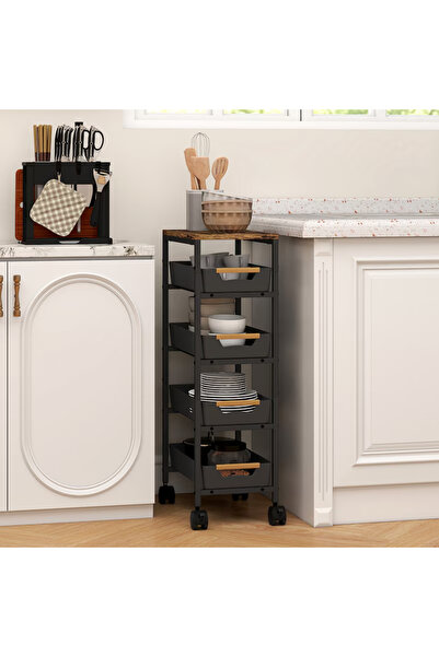 MODALITE Kitchen storage cart with wooden top, 5 shelves, 4 wheels, Organizer...