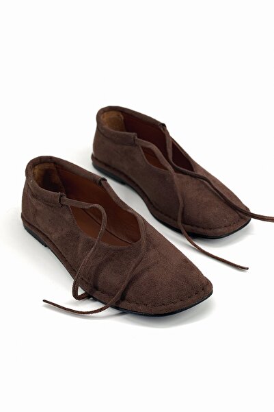 Shoebutik Balerini de damă din piele intoarsa maro intens, cu sireturi, croia...