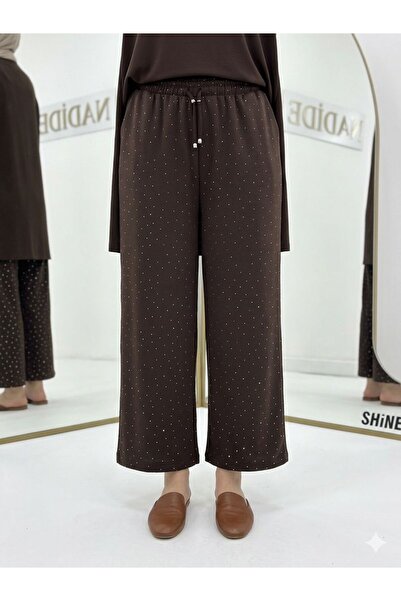 wishne Sparkling Stone Embellished Wide Leg Pants - High Waist Stretch Fabric...