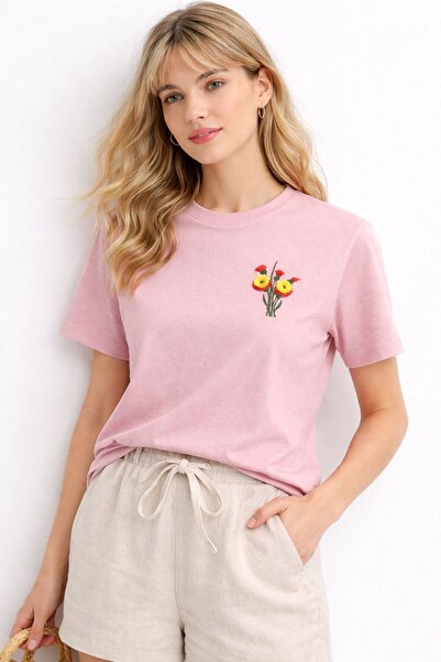 yubistitch Tshirt Nakış İşlemeli 3D Çiçek-Gül Kurusu