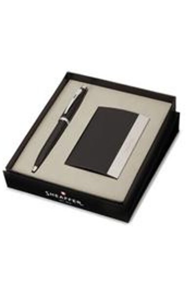 Sheaffer قلم حبر جاف 100 G9338 أسود لامع مع حواف مطلية بالكروم مع حامل لبطاقا...